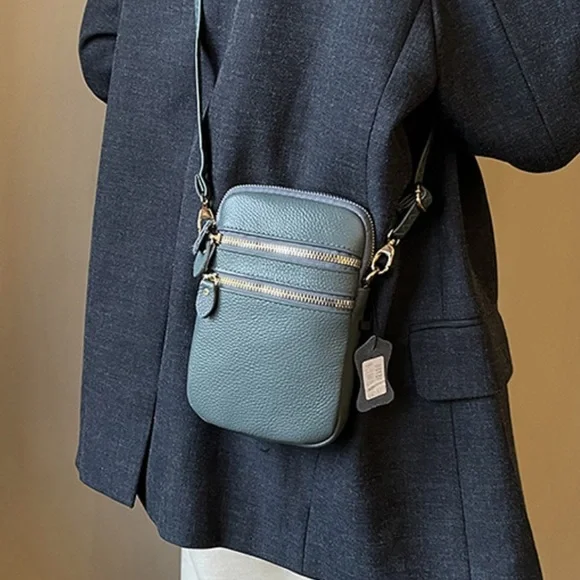 Genuine Leather Crossbody Phone Bag Womens NWT Blue Multi Pocket Travel - Picture 2 of 6